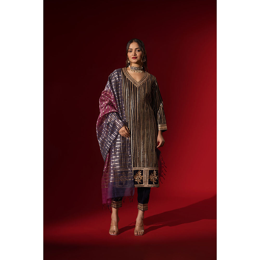 Naseebo Navy Blue Velvet Gota Kurta with Pant & Dupatta