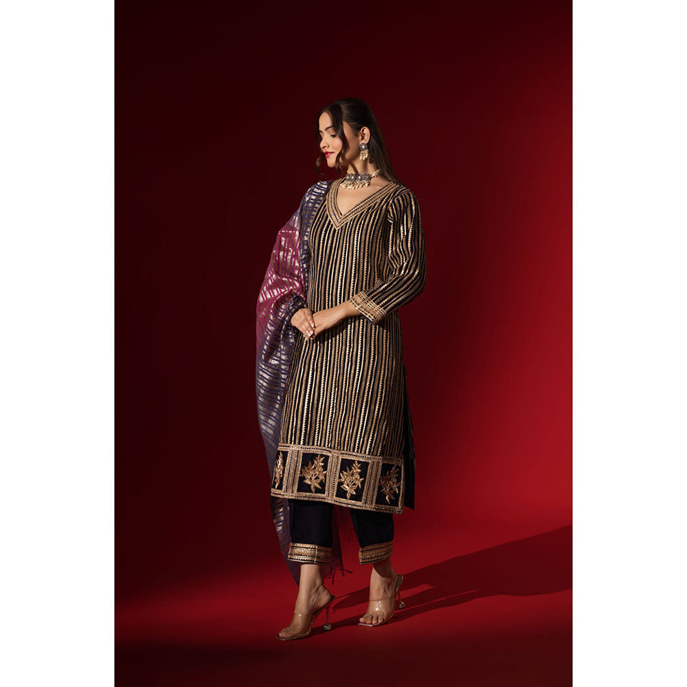 Naseebo Navy Blue Velvet Gota Kurta with Pant & Dupatta