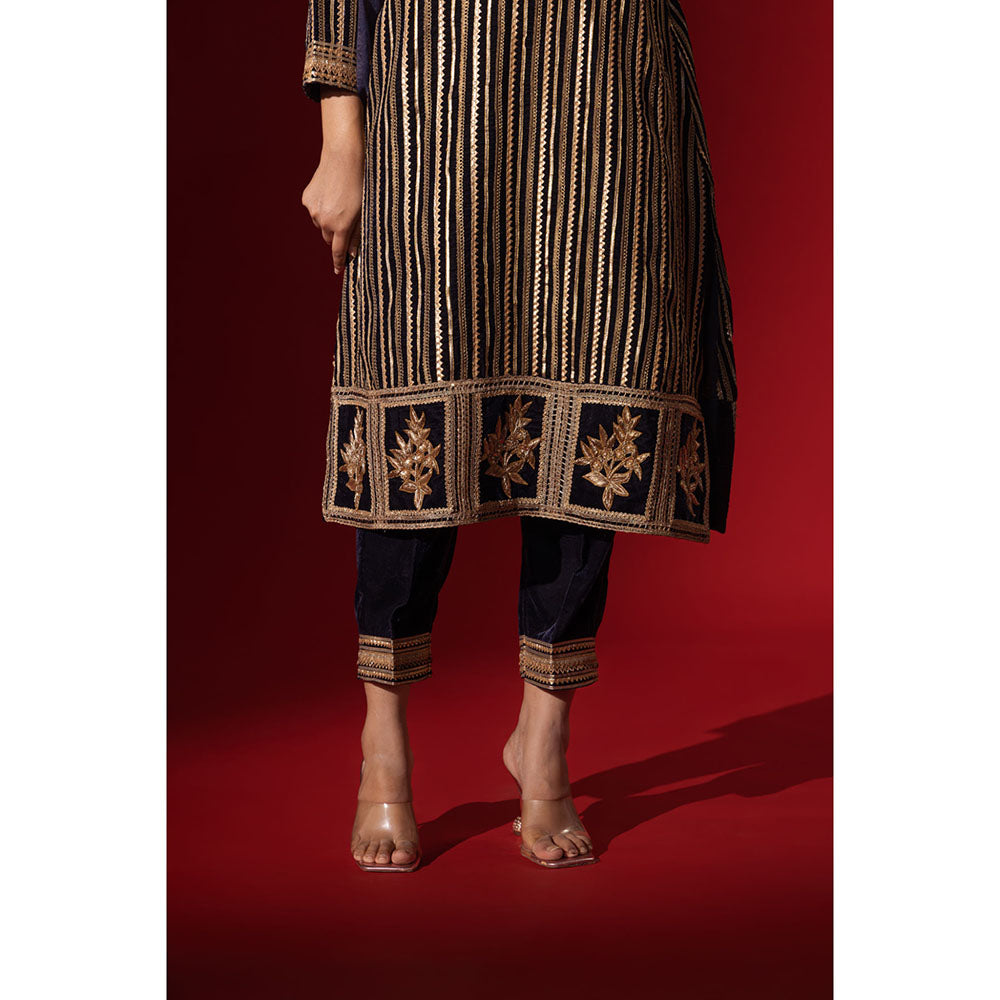 Naseebo Navy Blue Velvet Gota Kurta with Pant & Dupatta