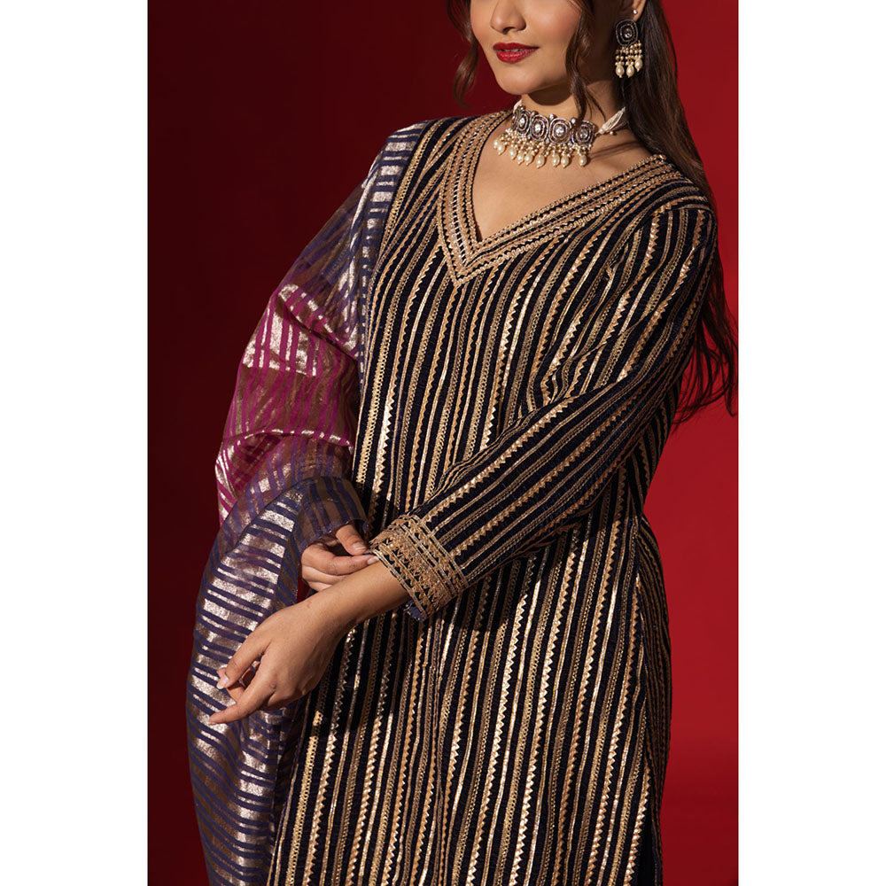 Naseebo Navy Blue Velvet Gota Kurta with Pant & Dupatta