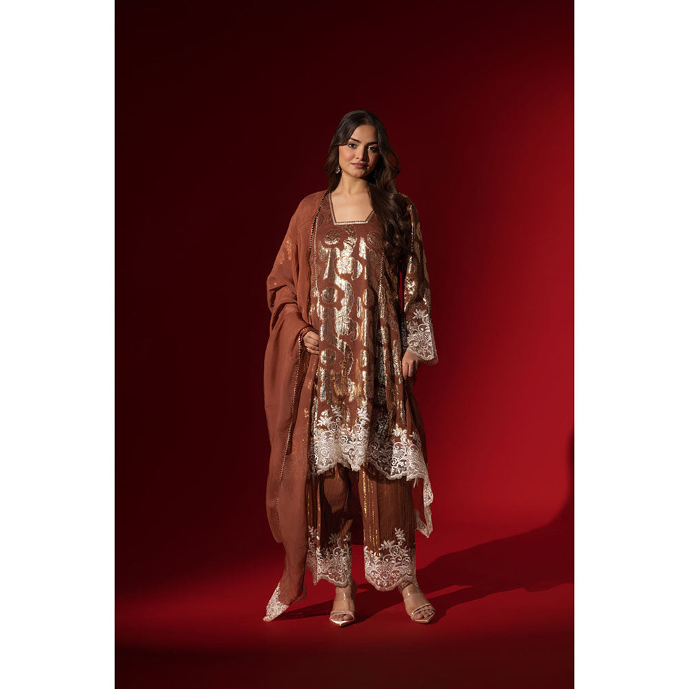 Naseebo Brown Allure Shimmer Kurta with Pant & Dupatta