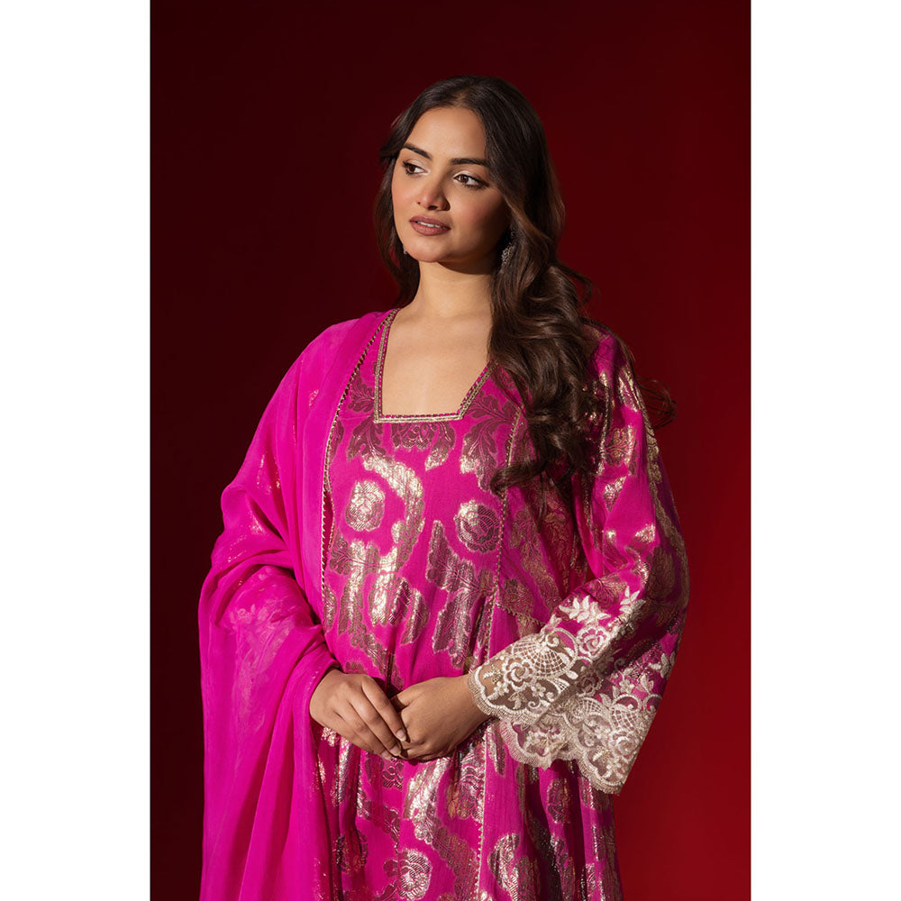 Naseebo Hot Pink Shimmer Kurta with Pant & Dupatta
