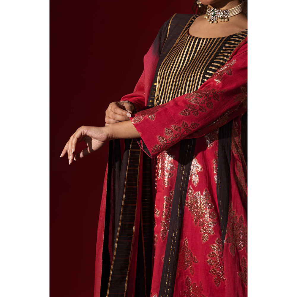 Naseebo Maroon Majesty Shimmer A-Line Kurta with Pant & Dupatta