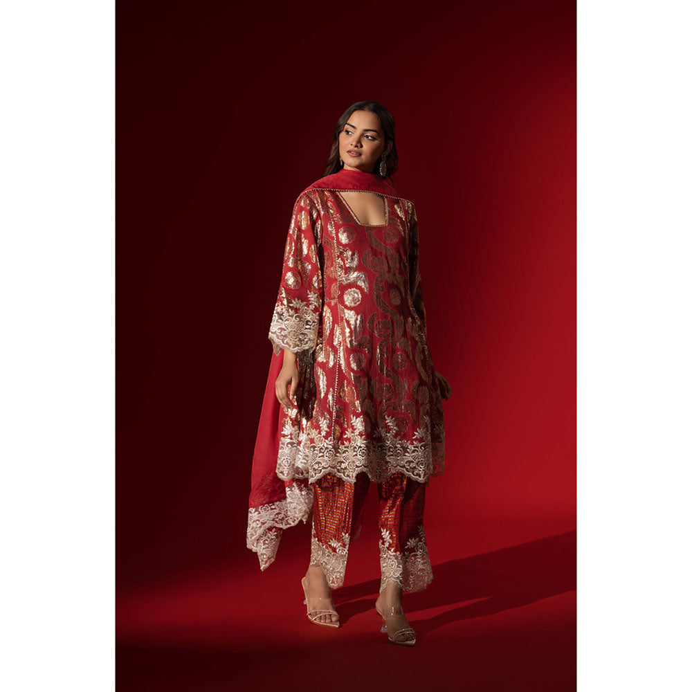 Naseebo Red Aura Shimmer Kurta with Pant & Dupatta
