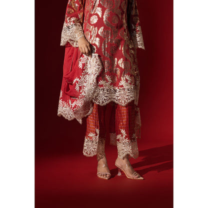 Naseebo Red Aura Shimmer Kurta with Pant & Dupatta