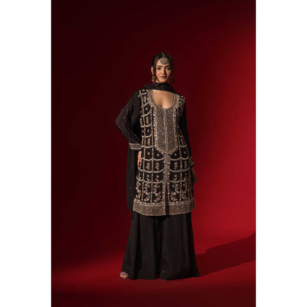 Naseebo Mocha Black Embroidery Kurta with Palazzo & Dupatta