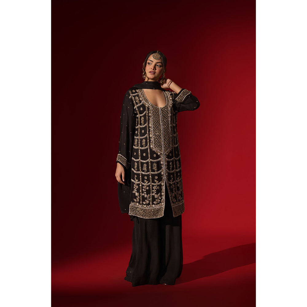 Naseebo Mocha Black Embroidery Kurta with Palazzo & Dupatta