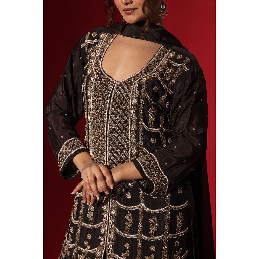 Naseebo Mocha Black Embroidery Kurta with Palazzo & Dupatta