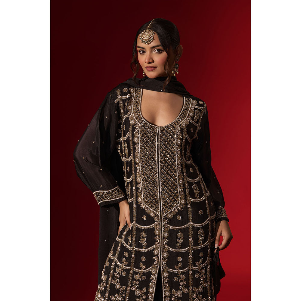 Naseebo Mocha Black Embroidery Kurta with Palazzo & Dupatta