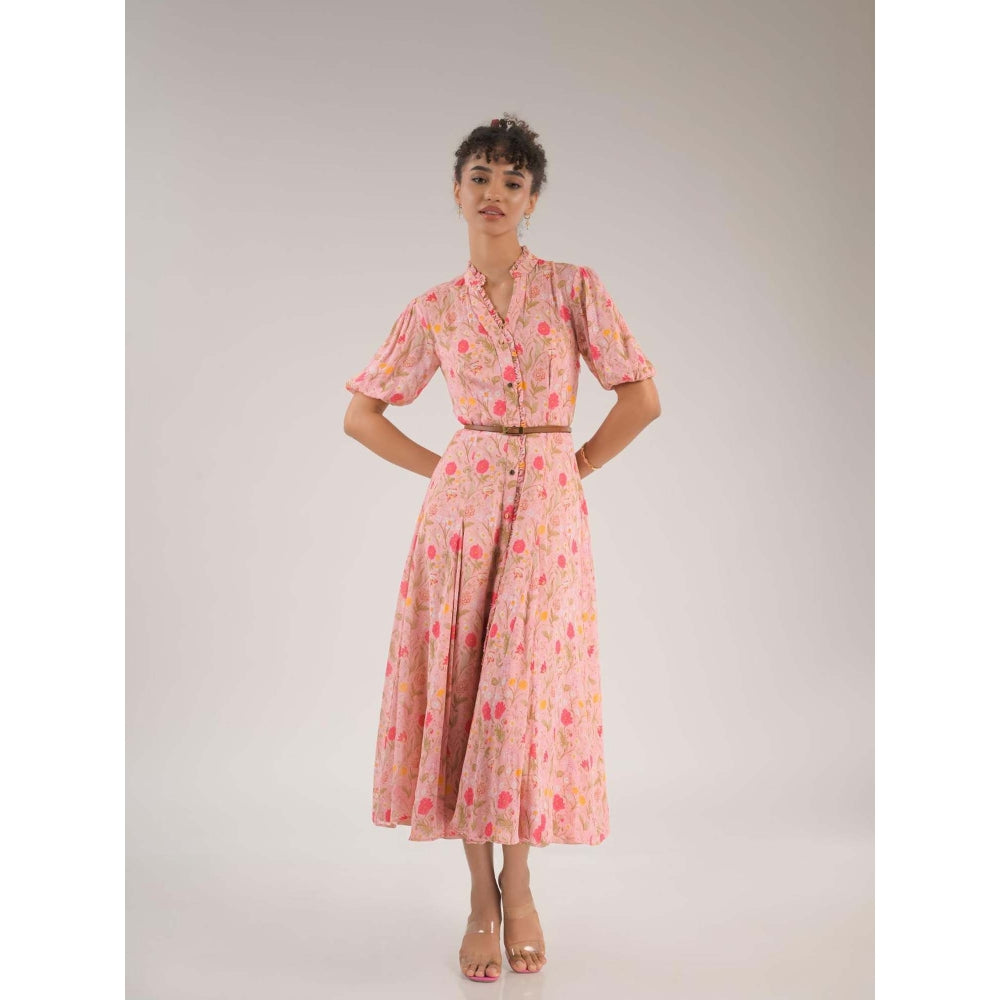 Natalia Livingston Dahlia Pink Floral Midi Dress with Belt