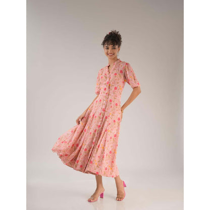 Natalia Livingston Dahlia Pink Floral Midi Dress with Belt