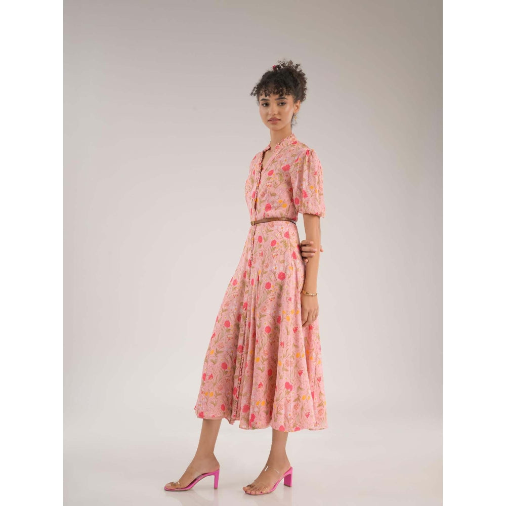 Natalia Livingston Dahlia Pink Floral Midi Dress with Belt