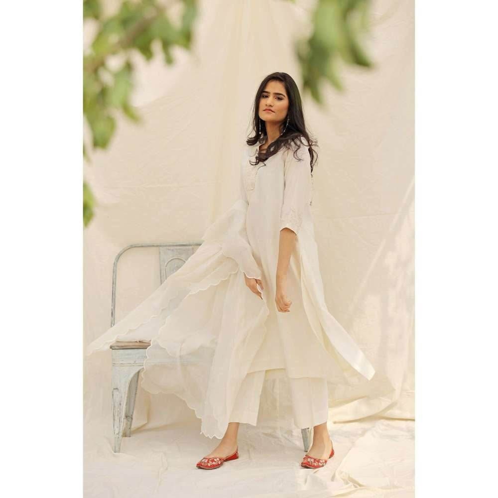Neelu Sethi Off White Handloom Chanderi Kurta and Palazzo with Dupatta (Set of 3)