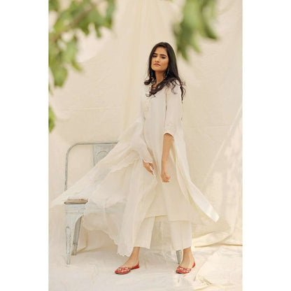Neelu Sethi Off White Handloom Chanderi Kurta and Palazzo with Dupatta (Set of 3)