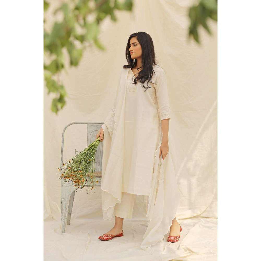 Neelu Sethi Off White Handloom Chanderi Kurta and Palazzo with Dupatta (Set of 3)