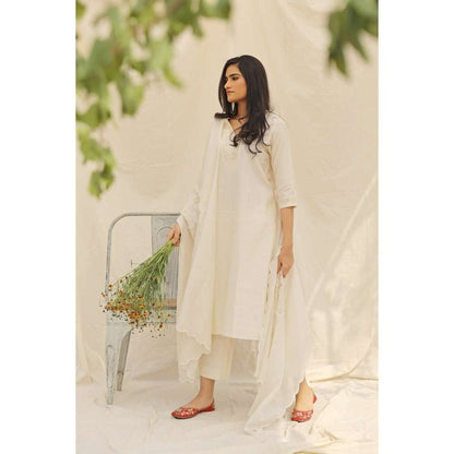 Neelu Sethi Off White Handloom Chanderi Kurta and Palazzo with Dupatta (Set of 3)