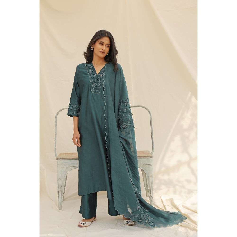 Neelu Sethi Teal Embroidered Kurta and Pant with Dupatta (Set of 3)