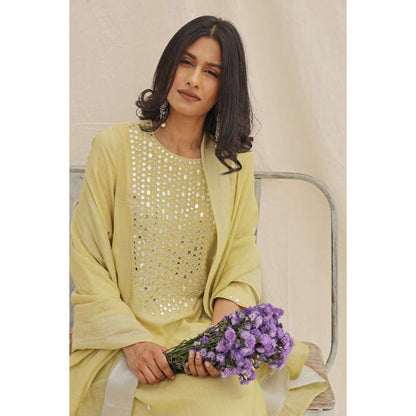 Neelu Sethi Lime Green Mirror Work Kurta With Pant and Dupatta (Set of 3)