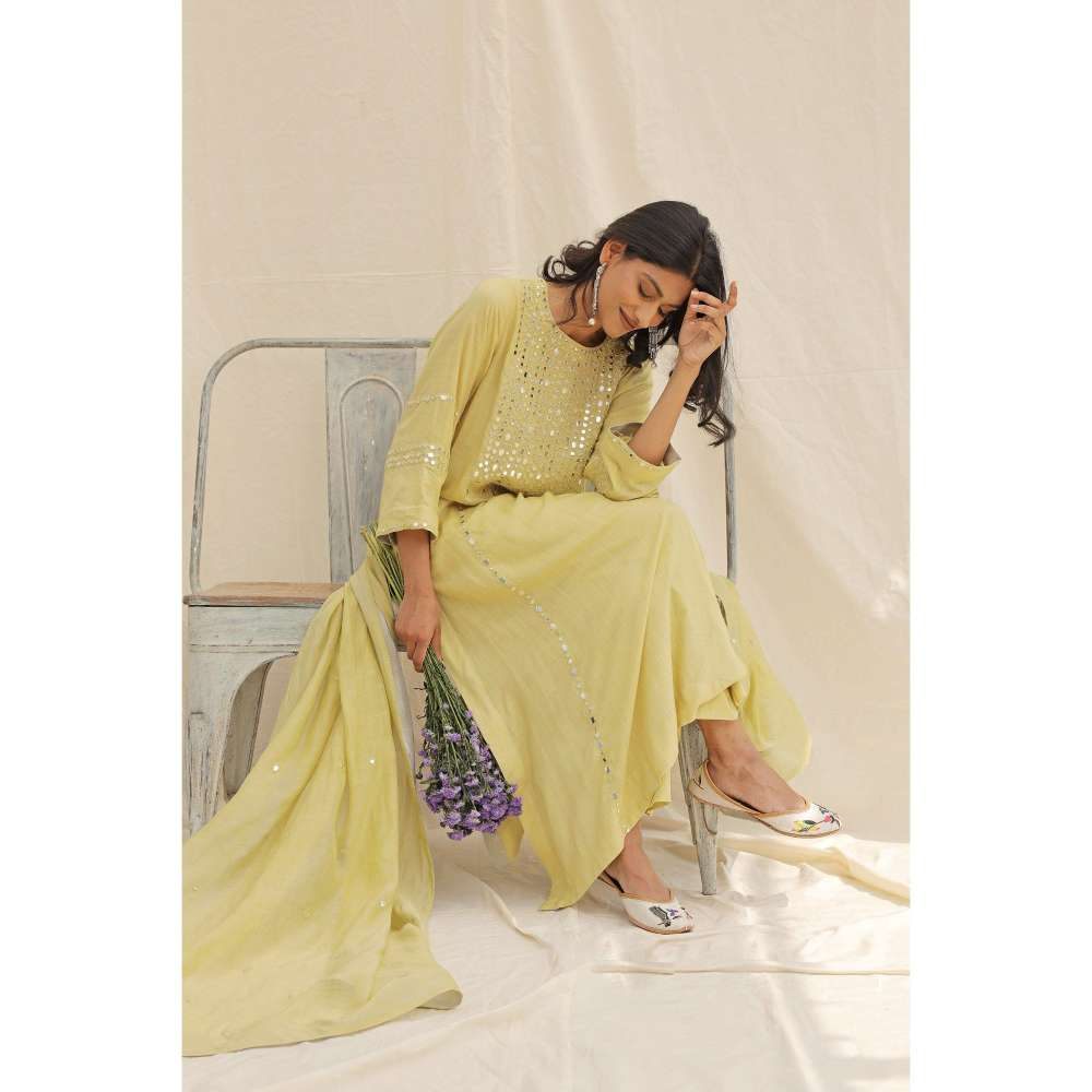 Neelu Sethi Lime Green Mirror Work Kurta With Pant and Dupatta (Set of 3)