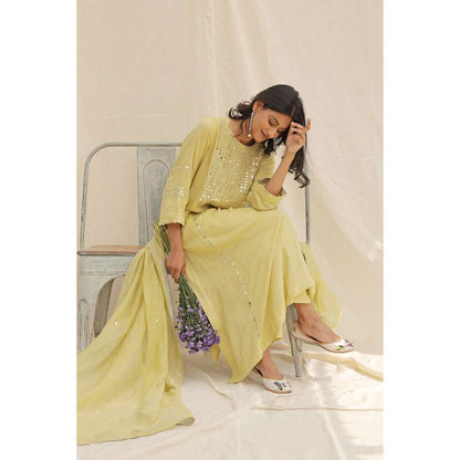 Neelu Sethi Lime Green Mirror Work Kurta With Pant and Dupatta (Set of 3)