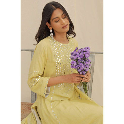Neelu Sethi Lime Green Mirror Work Kurta With Pant and Dupatta (Set of 3)