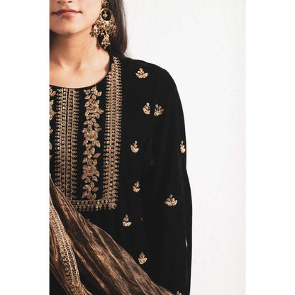 Neelu Sethi Velvet Dabka Embroidery Kurta and Salwar with Dupatta (Set of 3)