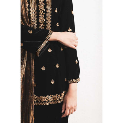 Neelu Sethi Velvet Dabka Embroidery Kurta and Salwar with Dupatta (Set of 3)