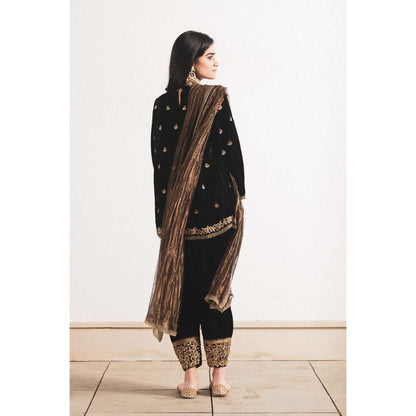 Neelu Sethi Velvet Dabka Embroidery Kurta and Salwar with Dupatta (Set of 3)