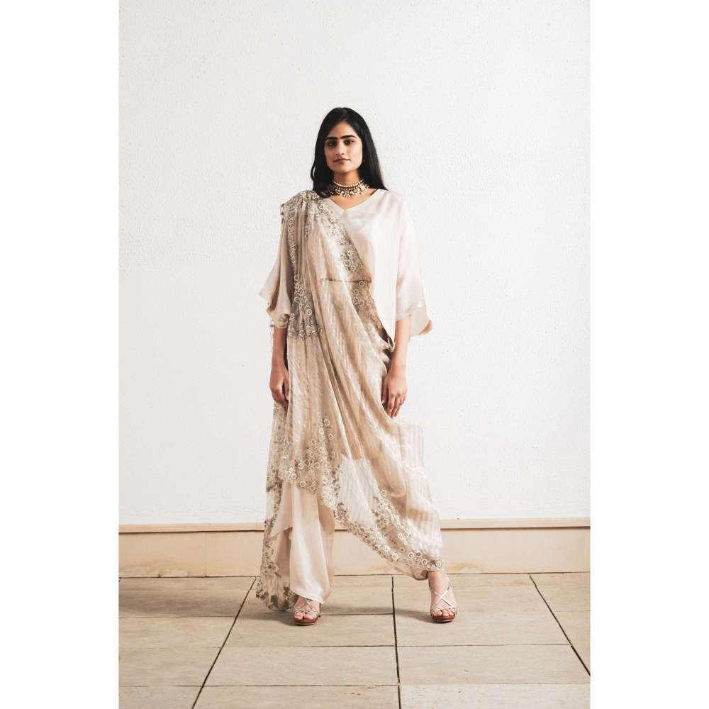 Neelu Sethi Beige Embroidered Saree and Kaftan Style with Stitched Blouse