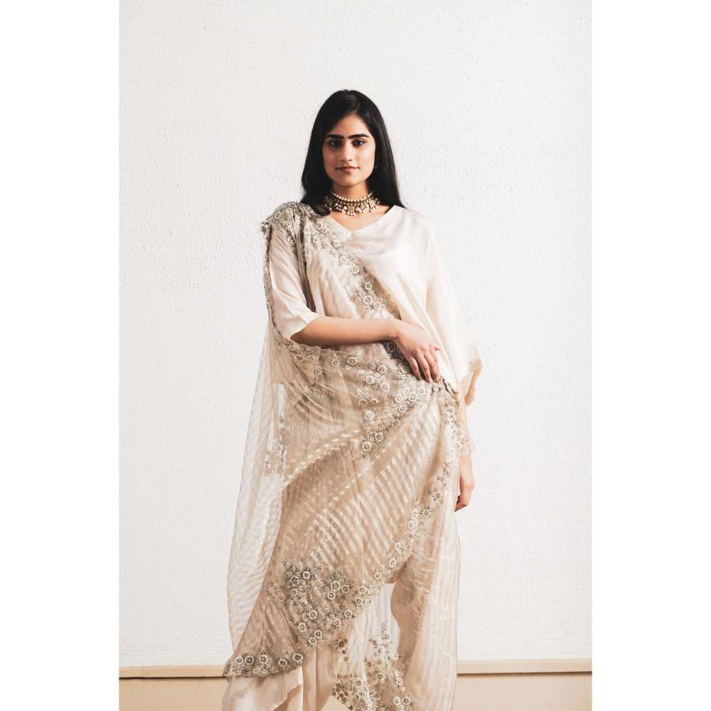 Neelu Sethi Beige Embroidered Saree and Kaftan Style with Stitched Blouse