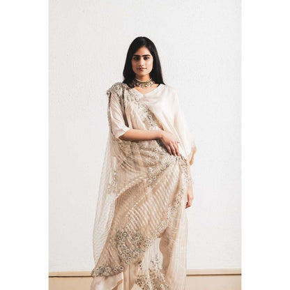 Neelu Sethi Beige Embroidered Saree and Kaftan Style with Stitched Blouse