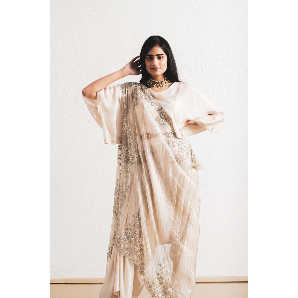 Neelu Sethi Beige Embroidered Saree and Kaftan Style with Stitched Blouse