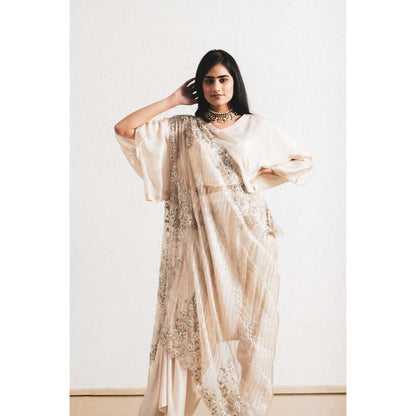 Neelu Sethi Beige Embroidered Saree and Kaftan Style with Stitched Blouse