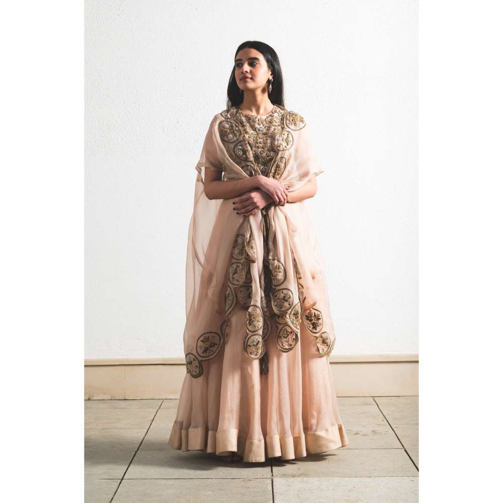 Neelu Sethi Peach Organza Lehenga and Cape With Hand Embordered Blouse (Set of 3)