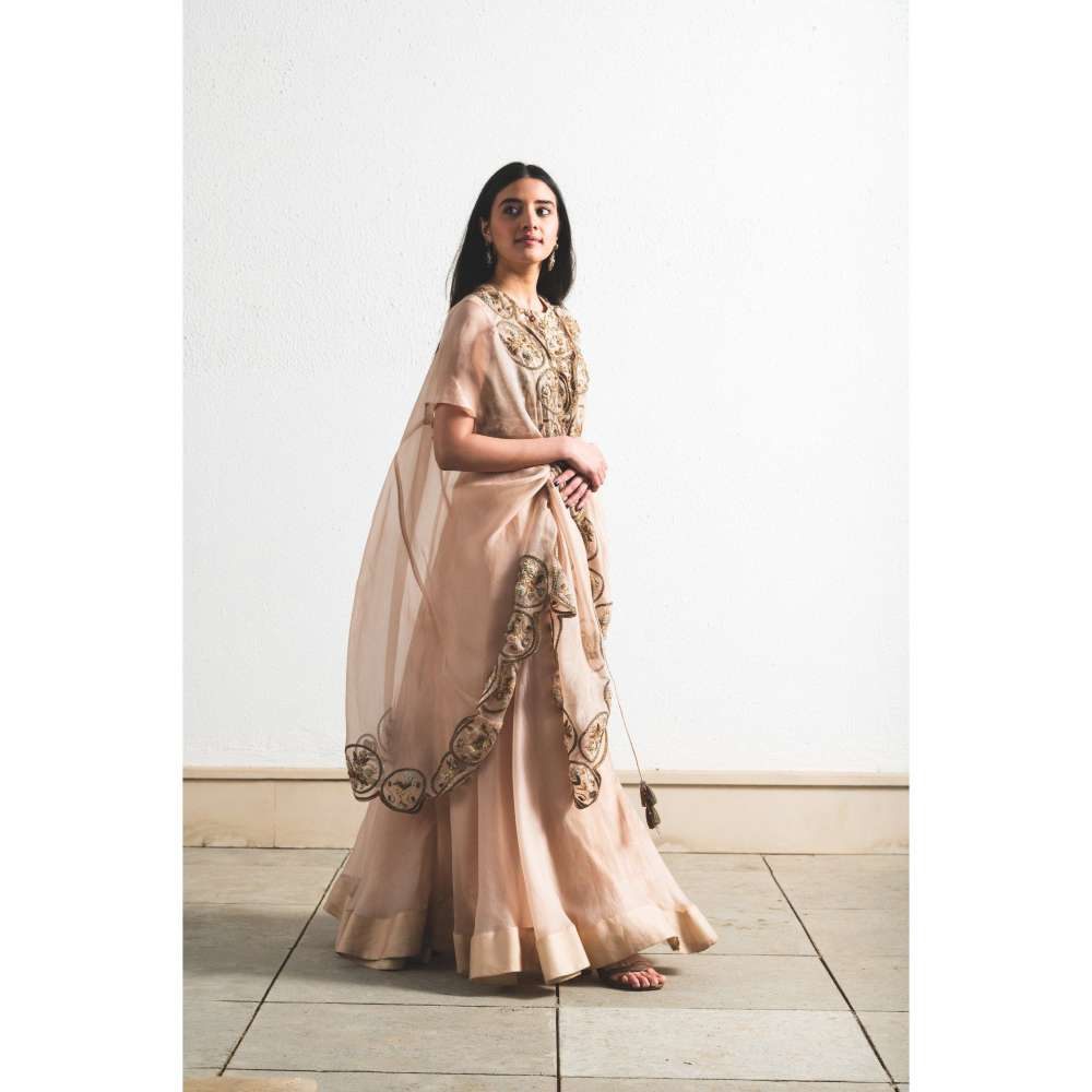 Neelu Sethi Peach Organza Lehenga and Cape With Hand Embordered Blouse (Set of 3)