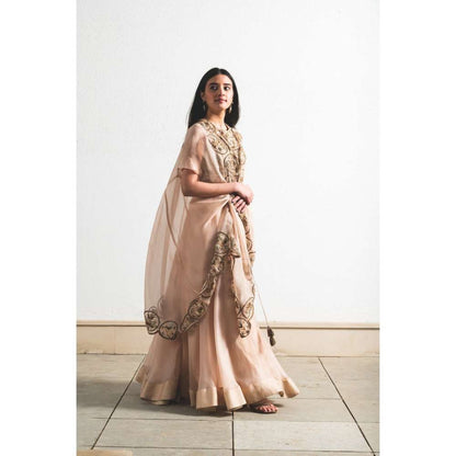 Neelu Sethi Peach Organza Lehenga and Cape With Hand Embordered Blouse (Set of 3)