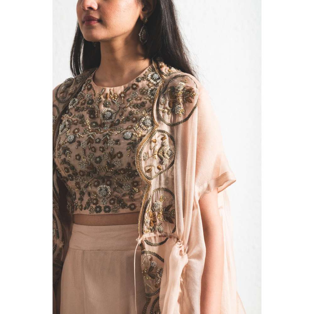 Neelu Sethi Peach Organza Lehenga and Cape With Hand Embordered Blouse (Set of 3)