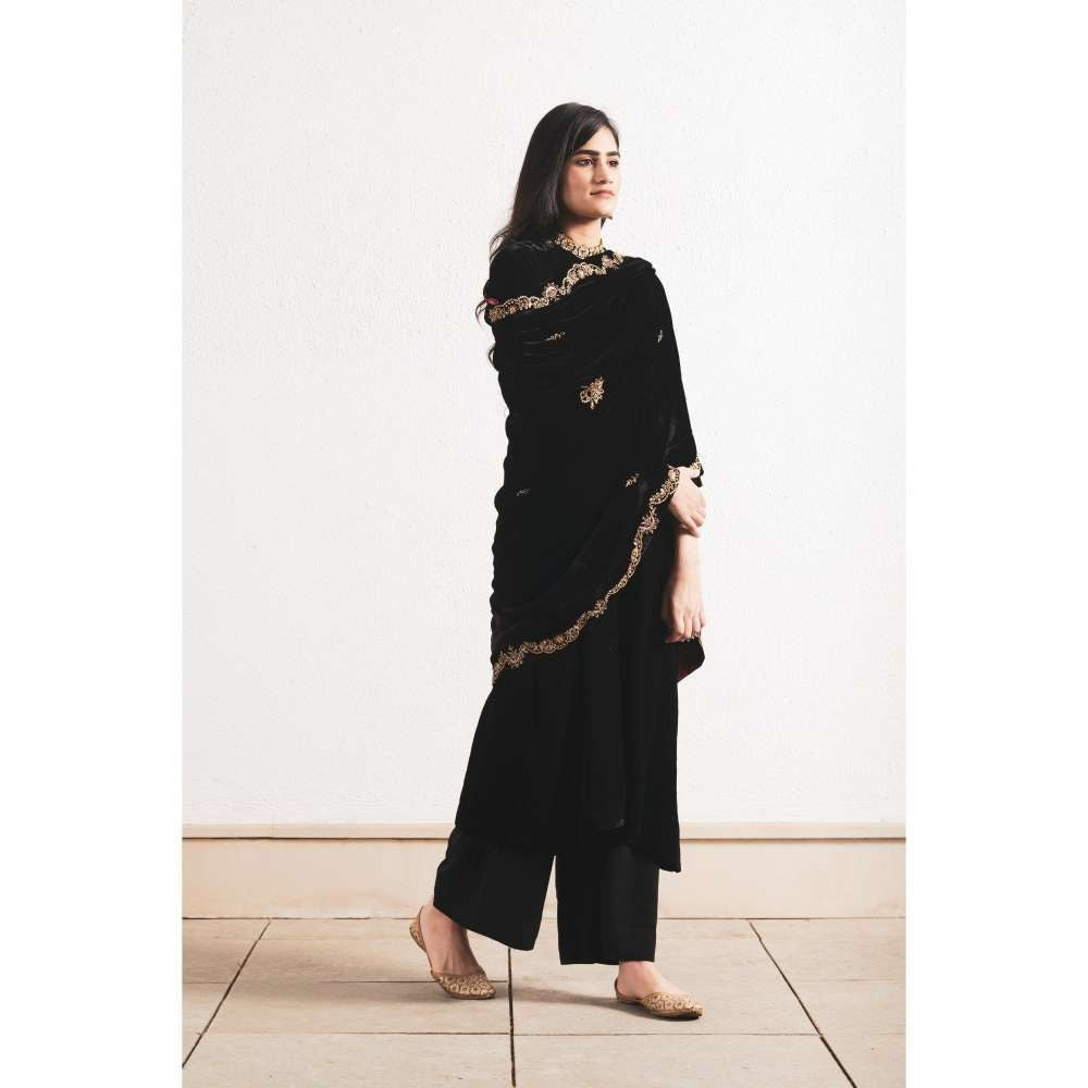 Neelu Sethi Velvet Hand Embroidered Kurta and Pant with Dupatta (Set of 3)