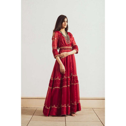 Neelu Sethi Red Organza Embroidered Gown-Pant with Belt and Dupatta (Set of 4)