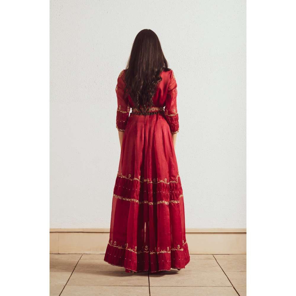 Neelu Sethi Red Organza Embroidered Gown-Pant with Belt and Dupatta (Set of 4)