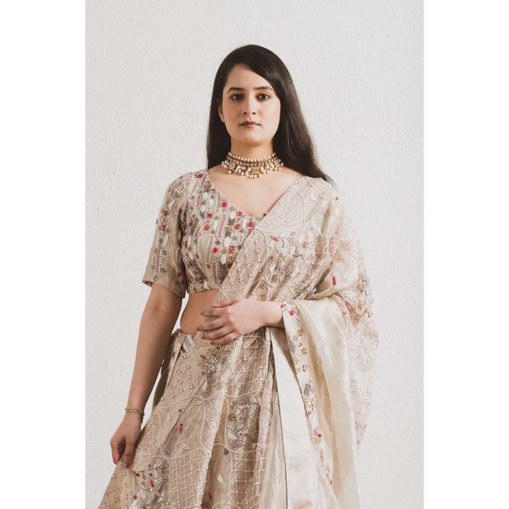 Neelu Sethi Beige Hand Embroidered Lehenga and Blouse with Dupatta (Set of 3)