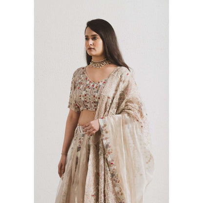 Neelu Sethi Beige Hand Embroidered Lehenga and Blouse with Dupatta (Set of 3)