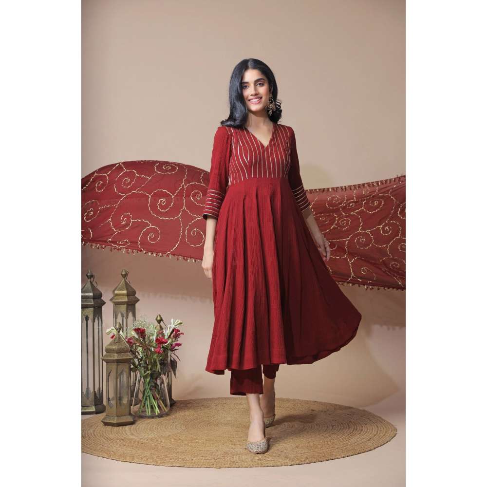 Neelu Sethi Maroon Chanderi Anarkali Kurta and Churidar with Embroidered Dupatta (Set of 3)