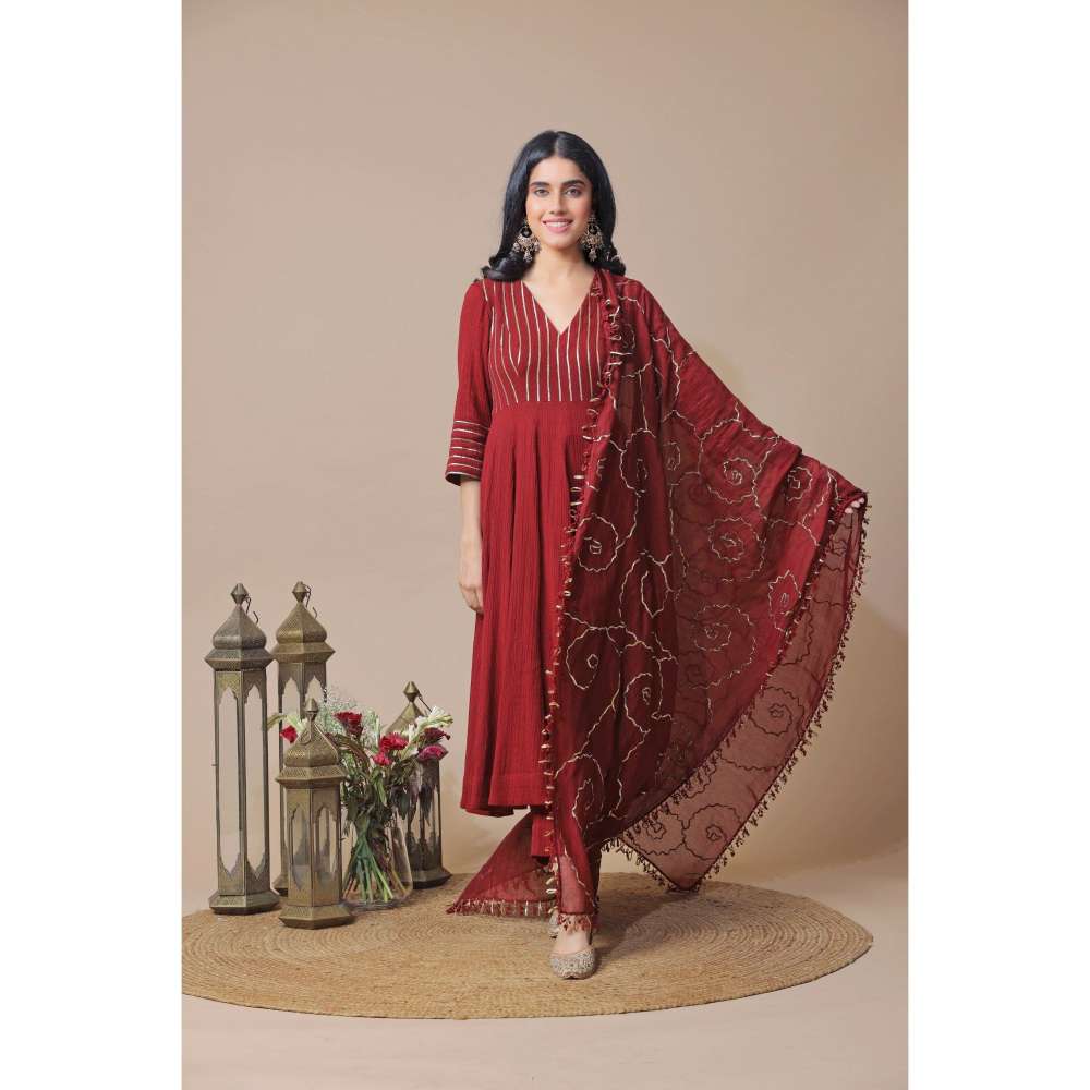 Neelu Sethi Maroon Chanderi Anarkali Kurta and Churidar with Embroidered Dupatta (Set of 3)
