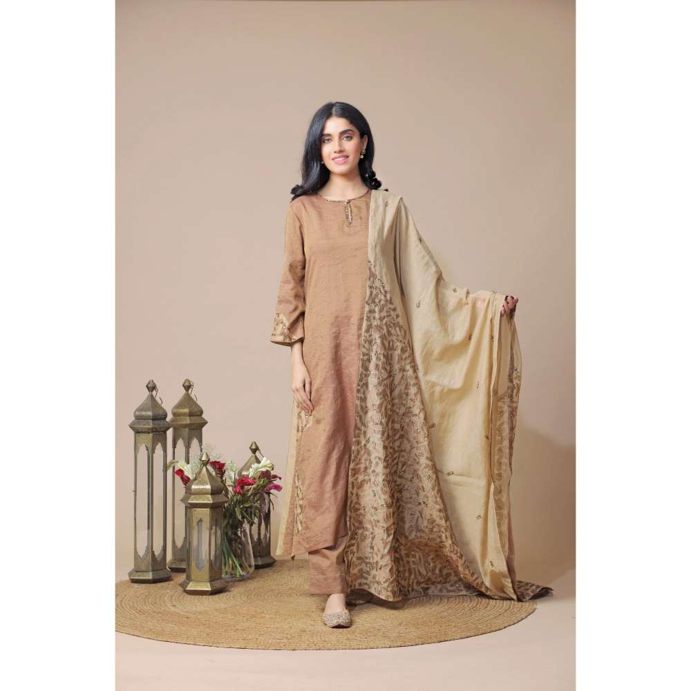 Neelu Sethi Brown Tissue Chanderi Kurta With Pant With Embroidered Dupatta (Set of 3)