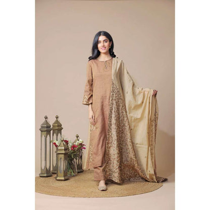 Neelu Sethi Brown Tissue Chanderi Kurta With Pant With Embroidered Dupatta (Set of 3)