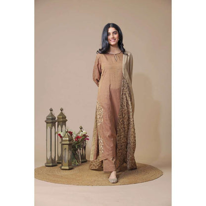 Neelu Sethi Brown Tissue Chanderi Kurta With Pant With Embroidered Dupatta (Set of 3)