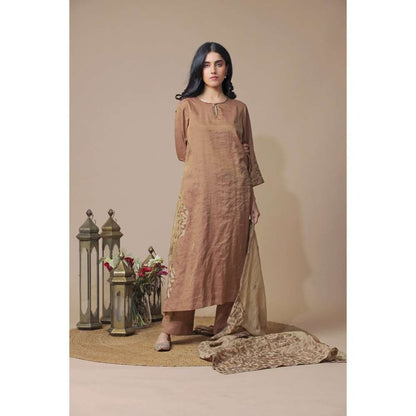 Neelu Sethi Brown Tissue Chanderi Kurta With Pant With Embroidered Dupatta (Set of 3)