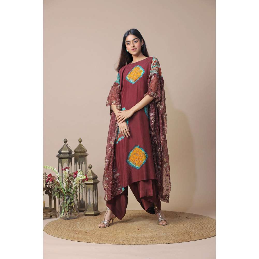 Neelu Sethi Silk Tie Dye Shibori Cape With Drop Crotch Pant And Blouse (Set of 3)