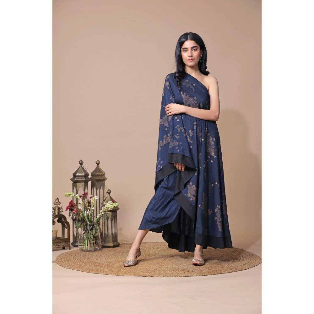 Neelu Sethi One Shoulder Block Printed Cape With Dhoti Pant (Set of 2)